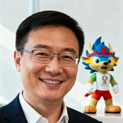 创始人李峰,戴眼镜,微笑,身后是世界杯吉祥物