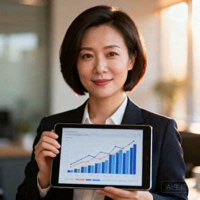 首席数据官王蕊,干练短发,手持平板展示数据图表